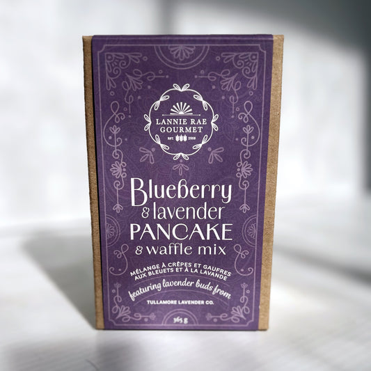 Purple box with label that says "Blueberry & lavender Pancake & Waffle Mix"