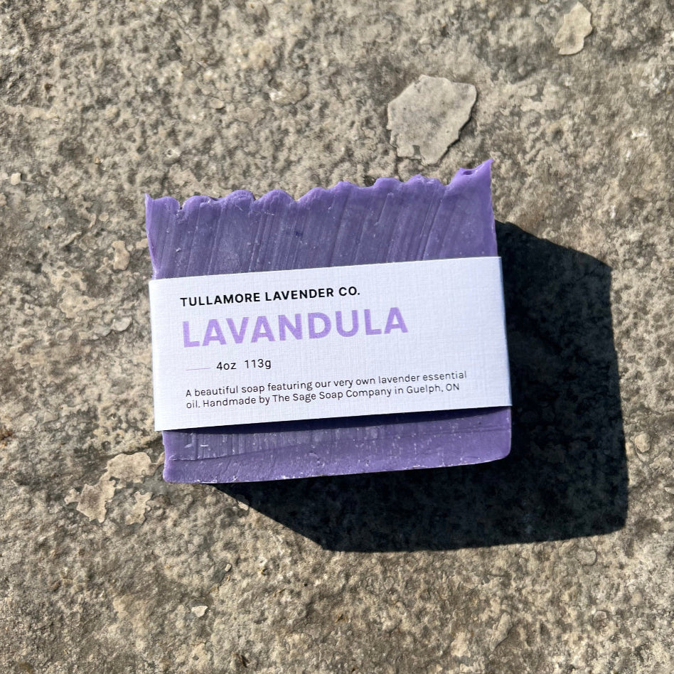 Purple bar of soap with white label that reads "LAVANDULA"