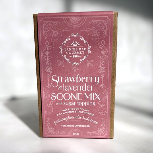 Pink labelled box that states "Strawberry & lavender scone mix"