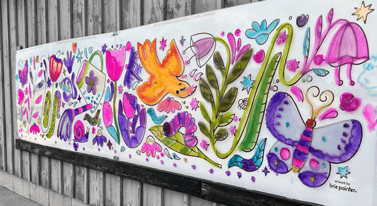 Colourful mural of flowers, birds and butterflies