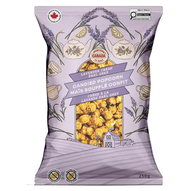 Packaged candied popcorn with lavender flavor on a white background