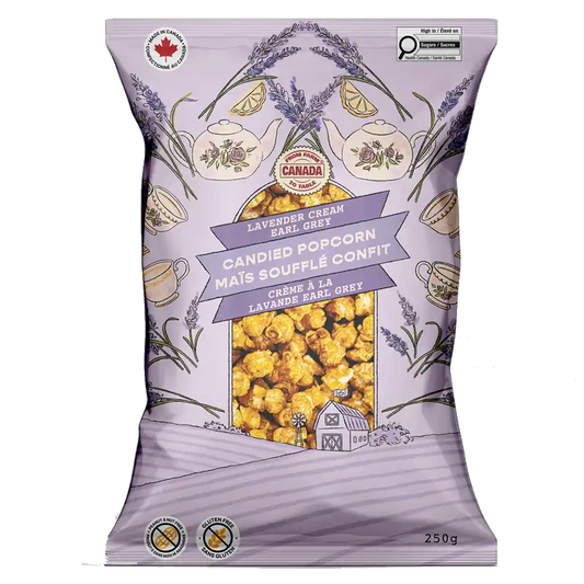 Packaged candied popcorn with lavender flavor on a white background