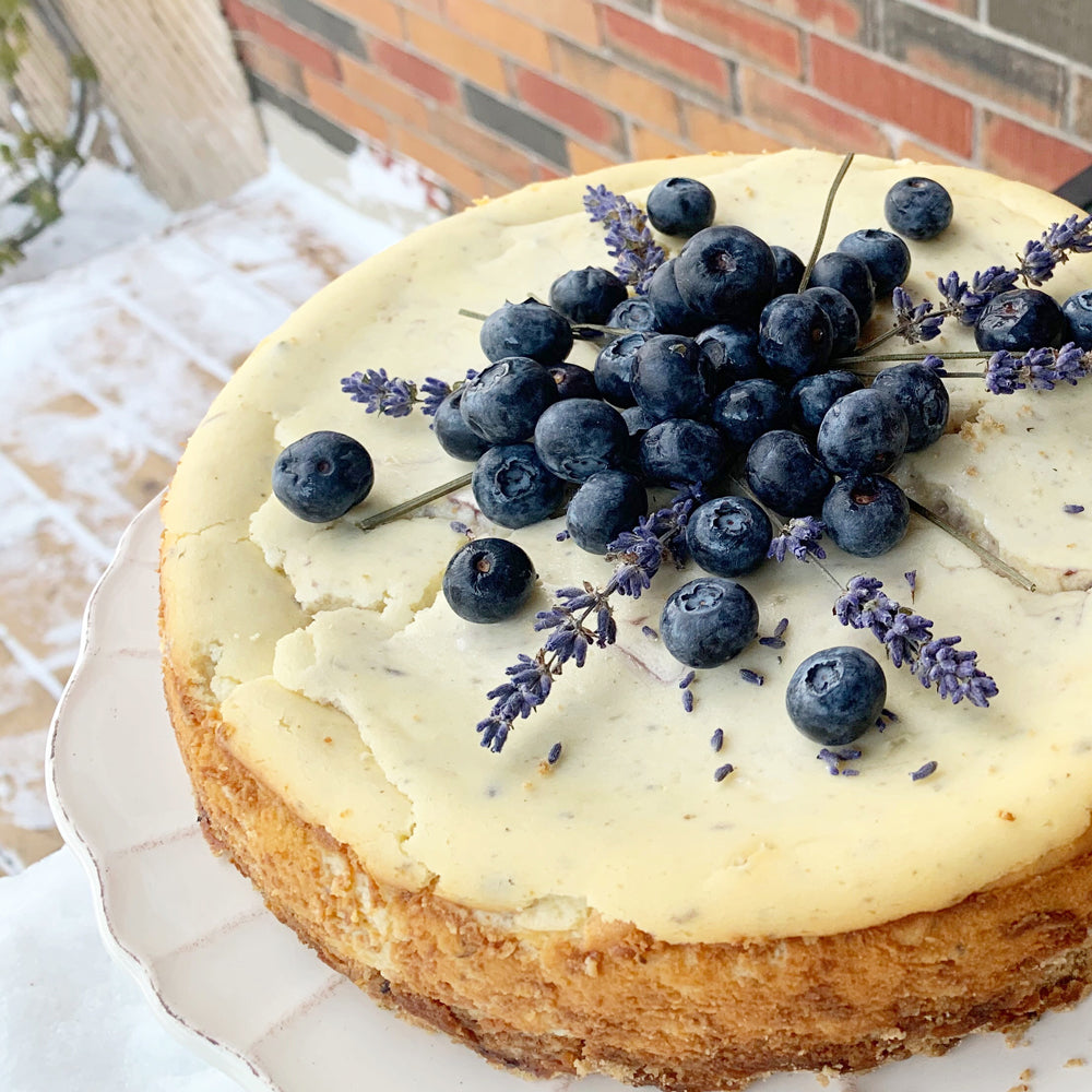 Cheesecake with blueberries and lavender stems piled on top