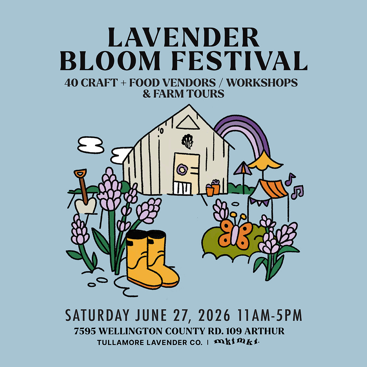 Promotional poster for Lavender Bloom Festival with a barn, flowers, and rainbows on a light blue background.
