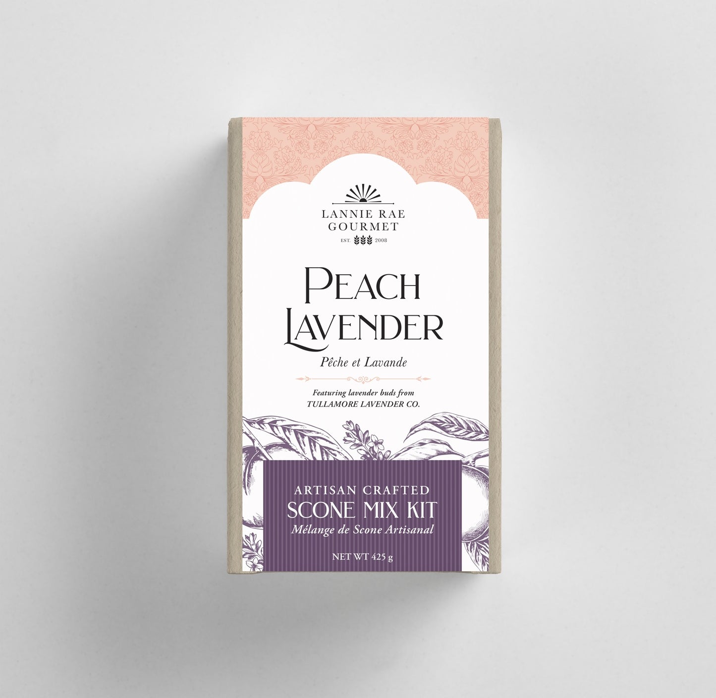Box with label that states Peach Lavender Artisan Crafted Scone Mix Kit